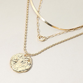 Textured Medal Pendant Triple Layered Necklace