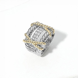 CZ Stone Paved Two Tone Twisted Crisscross Ring