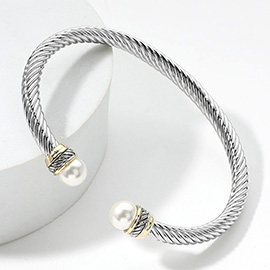 Pearl Tip Two Tone Twisted Metal Cuff Bracelet