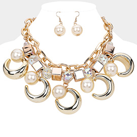 Pearl Metal Crescent Charm Station Abstract Chain Statement Necklace