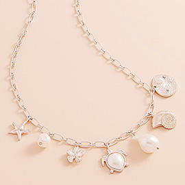 Metal Starfish Sea Shell Pearl Turtle Charm Station Necklace