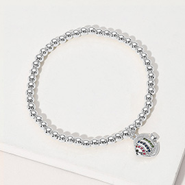 Stainless Steel Ball Stone Paved Fish Charm Beaded Stretch Bracelet