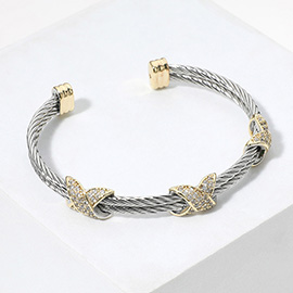 Two Tone Triple CZ Stone Paved Crisscross Accented Cuff Bracelet