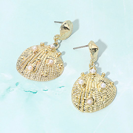 Pearl Embellished Textured Metal Sea Shell Dangle Earrings