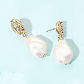 Stone Paved Puka Shell Pointed Baroque Pearl Dangle Earrings