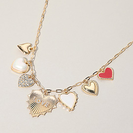 LOVE Pearl Enamel Heart Charm Station Paperclip Necklace