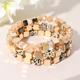 3PCS - Metal Cube Faceted Beaded Stretch Multi Layered Bracelets