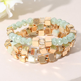 3PCS - Metal Cube Faceted Beaded Stretch Multi Layered Bracelets