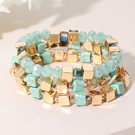 3PCS - Metal Cube Faceted Beaded Stretch Multi Layered Bracelets