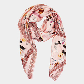 Flower Pattern Printed Oblong Silky Satin Scarf Shawl