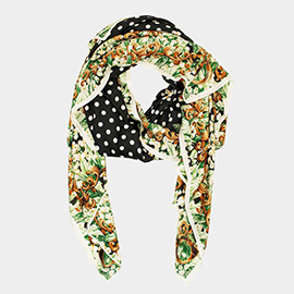 Flower Polka Dot Pattern Printed Oblong Silky Satin Scarf Shawl