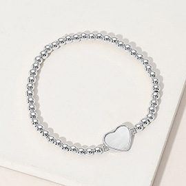 Stainless Steel Ball Mother of Pearl Heart Beaded Stretch Bracelet