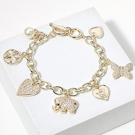 14K Gold Plated CZ Stone Paved Elephant Heart Butterfly Heart Clover Pearl Charm Station Bracelet