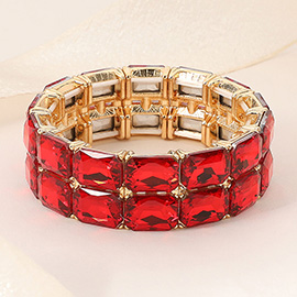 2 Row Rectangle Glass Stone Cluster Stretch Evening Bracelet