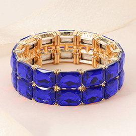 2 Row Rectangle Glass Stone Cluster Stretch Evening Bracelet