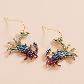 Stone Paved Colored Metal Crab Dangle Earrings