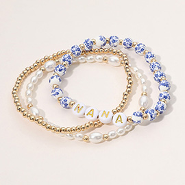 3PCS - NANA Message Floral Ceramic Metal Ball Pearl Beaded Stretch Multi Layered Bracelets