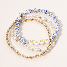 3PCS - MAMA Message Floral Ceramic Metal Ball Pearl Beaded Stretch Multi Layered Bracelets