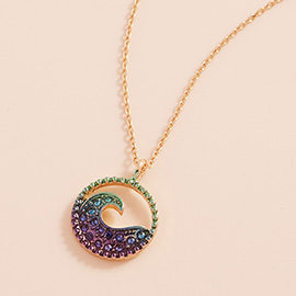 Stone Paved Colored Meal Wave Pendant Necklace