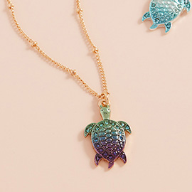 Stone Paved Colored Metal Sea Turtle Pendant Necklace