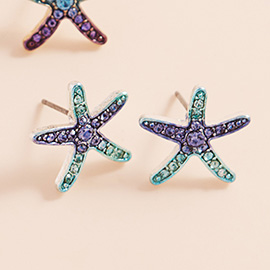 Stone Paved Colored Metal Starfish Stud Earrings