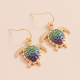 Stone Paved Colored Metal Sea Turtle Dangle Earrings