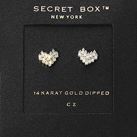 SECRET BOX_14K Gold Dipped CZ Stone Paved Heart Stud Earrings