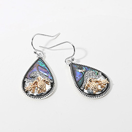 Two Tone Sea Turtle Abalone Stone Paved Wave Teardrop Dangle Earrings