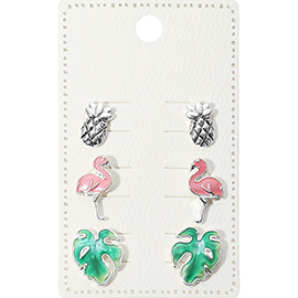 3Pairs - Metal Pineapple Enamel Flamingo Tropical Leaf Stud Earring Set