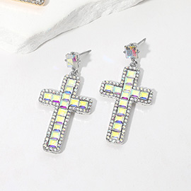 Square Glass Stone Cross Dangle Earrings