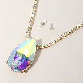 Oversized Teardrop Glass Stone Pendant Bling Studded Chunky Chain Necklace