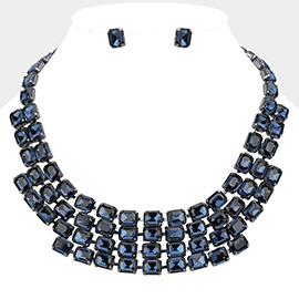 Emerald Cut Glass Stone Cluster Layered Collar Evening Necklace