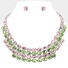 Emerald Cut Glass Stone Cluster Layered Collar Evening Necklace