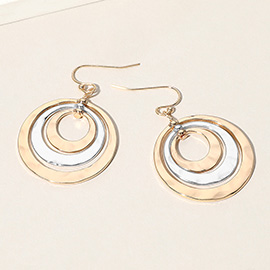 Hammered Metal Triple Open Circle Layered Dangle Earrings