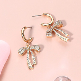 Stone Paved Metal Bow Dangle Mini Hoop Earrings