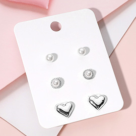 3Paris - Pearl Metal Heart Stud Earring Set