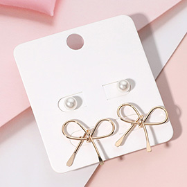 2Pairs - Pearl Metal Wire Knot Bow Stud Earring Set