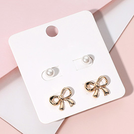 2Pairs - Pearl Metal Bow Stud Earring Set