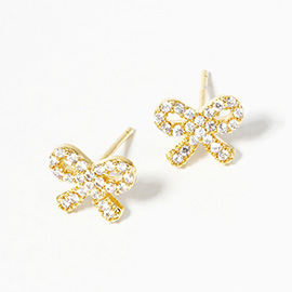 Gold Dipped CZ Stone Paved Bow Mini Stud Earrings