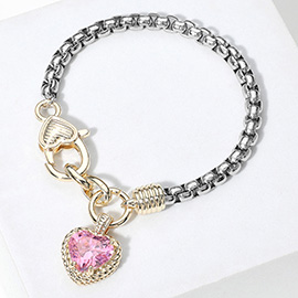 Two Tone CZ Stone Heart Charm Bracelet