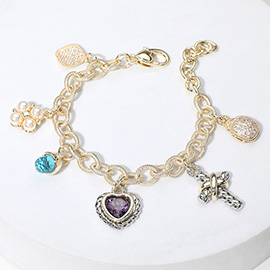 14K Gold Plated CZ Heart Stone Pearl Cluster Metal Cross Charm Station Bracelet