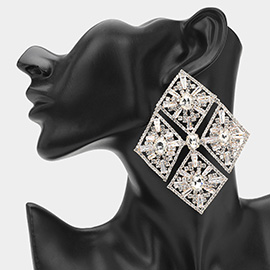 Oversized Glass Stone Embellished Diamond Frame Chandelier Evening Earrings