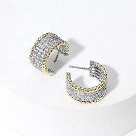 14K Gold Plated Two Tone CZ Stone Paved Mini Hoop Earrings