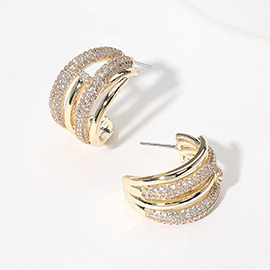 14K Gold Plated CZ Stone Paved Split Hoop Earrings