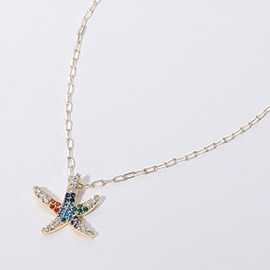 14K Gold Plated CZ Stone Paved Starfish Pendant Necklace