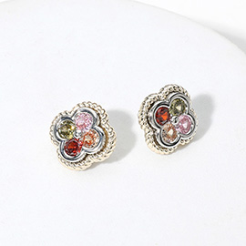 14K Gold Plated Colorful CZ Stone Quatrefoil Stud Earrings