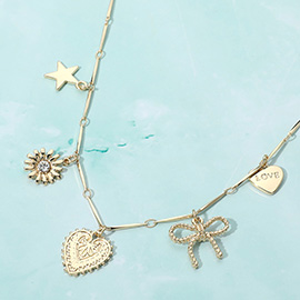 Metal Heart Bow Star Flower Charm Station Necklace