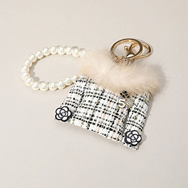 Fuzzy Neck Flower Cuff Tweed Jacket Pearl Chain Bag Charm / Keychain