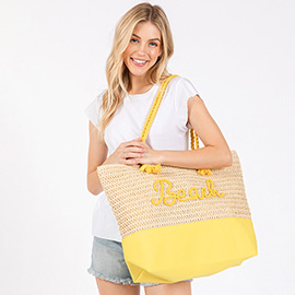 BEACH Message Embroidered Rope Handle Crochet Fabric Tote Bag / Beach Bag