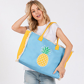 Pineapple Patch Embroidered Fringe Tote Bag / Beach Bag